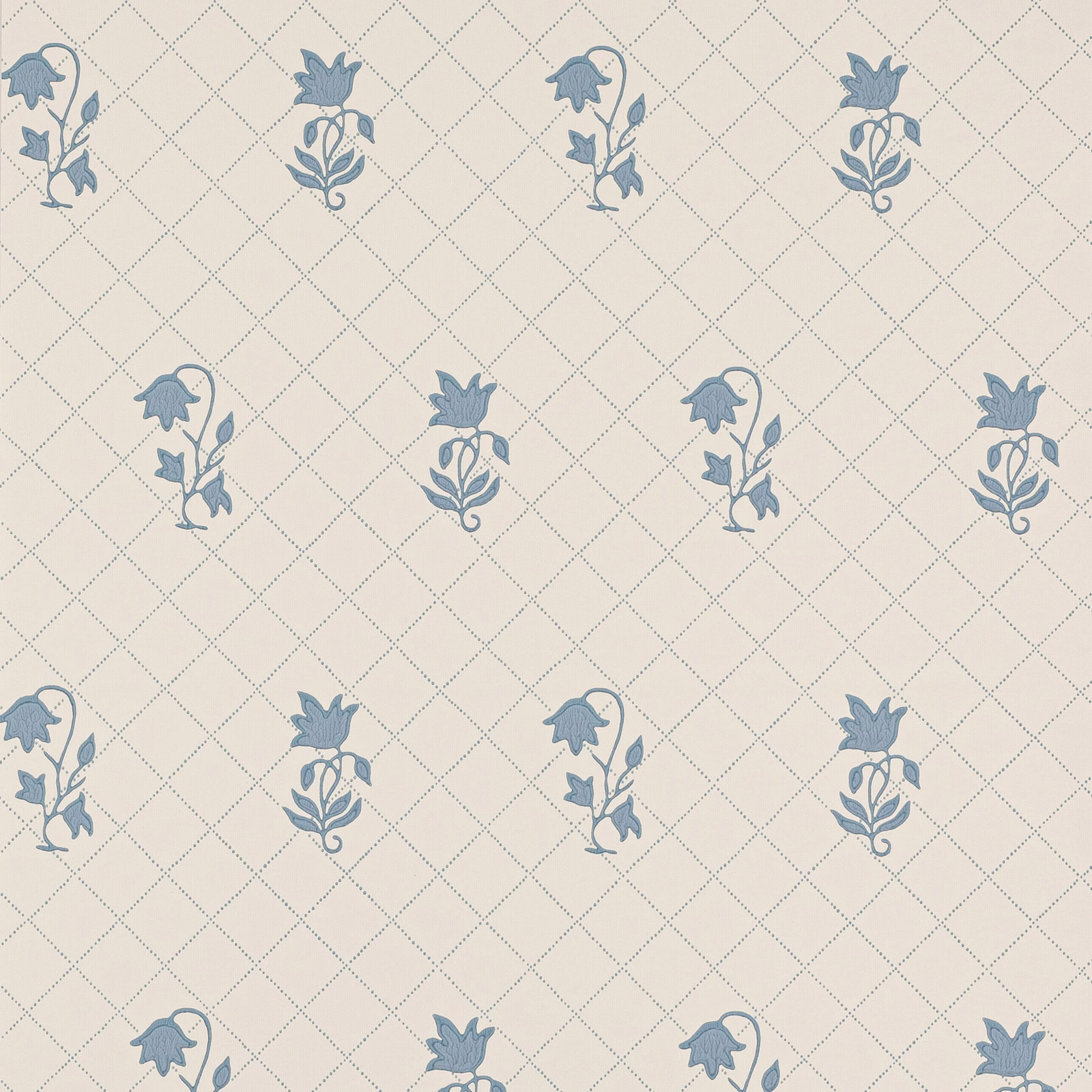 Ivory wallpaper with muted blue botanical sprigs and a fine diamond trellis