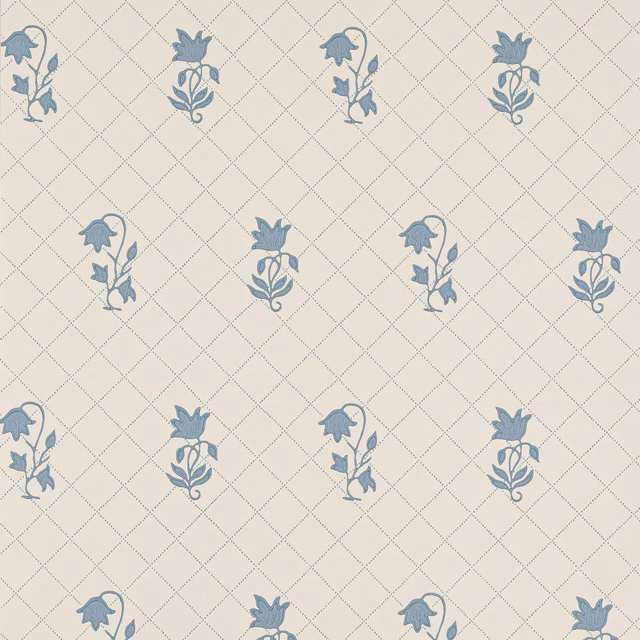 Ivory wallpaper with muted blue botanical sprigs and a fine diamond trellis