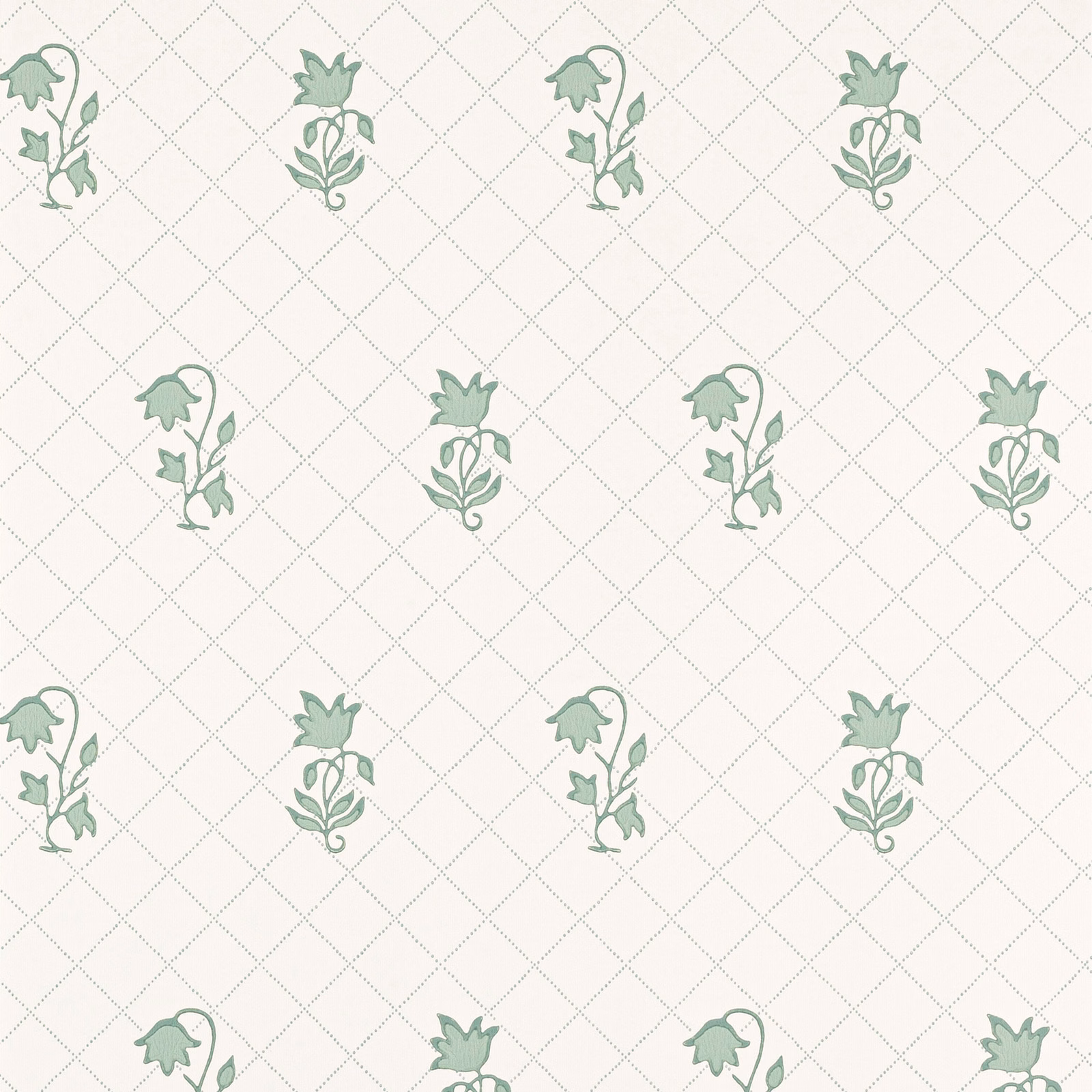 Muted forest-green floral sprigs on an ivory ground with a fine diamond trellis