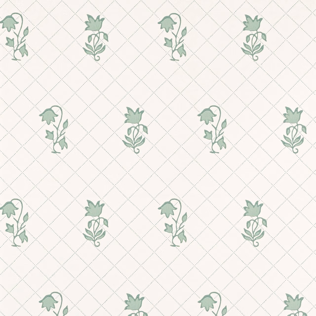 Muted forest-green floral sprigs on an ivory ground with a fine diamond trellis