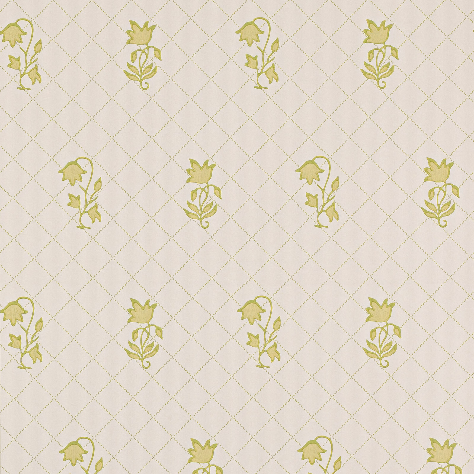 Pale lime floral sprigs on cream paper with a delicate beige diamond trellis