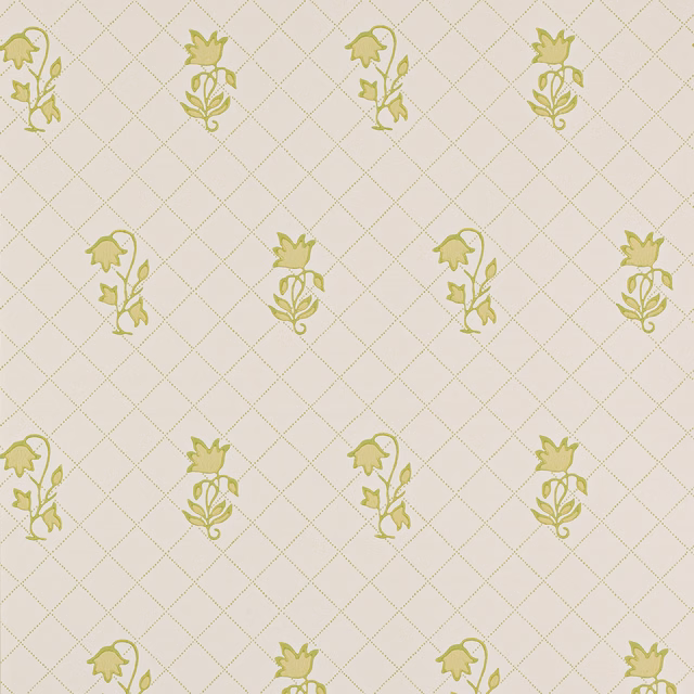 Pale lime floral sprigs on cream paper with a delicate beige diamond trellis