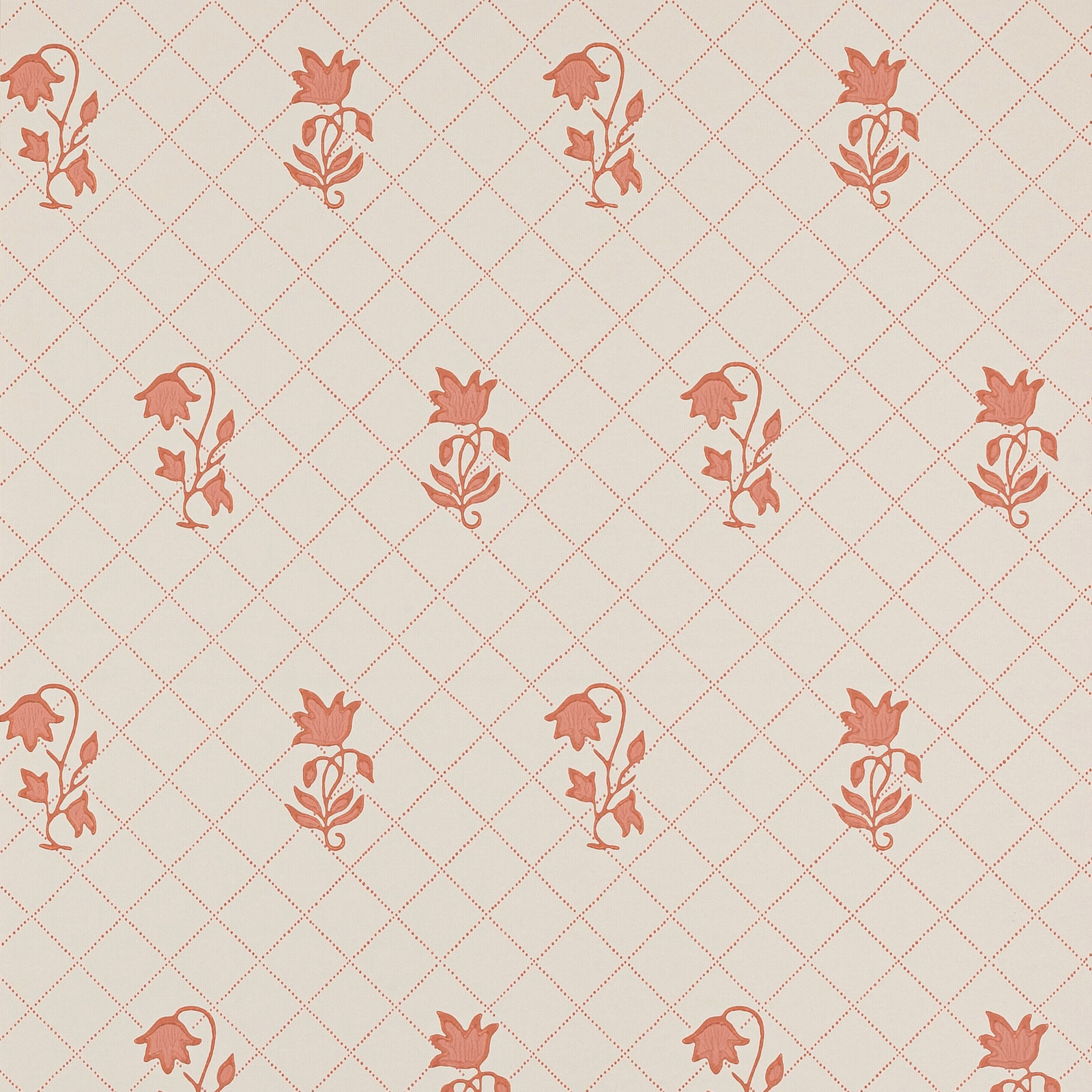 Warm ivory paper with muted coral sprigs and fine terracotta diamond lattice