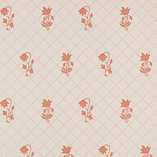 Warm ivory paper with muted coral sprigs and fine terracotta diamond lattice