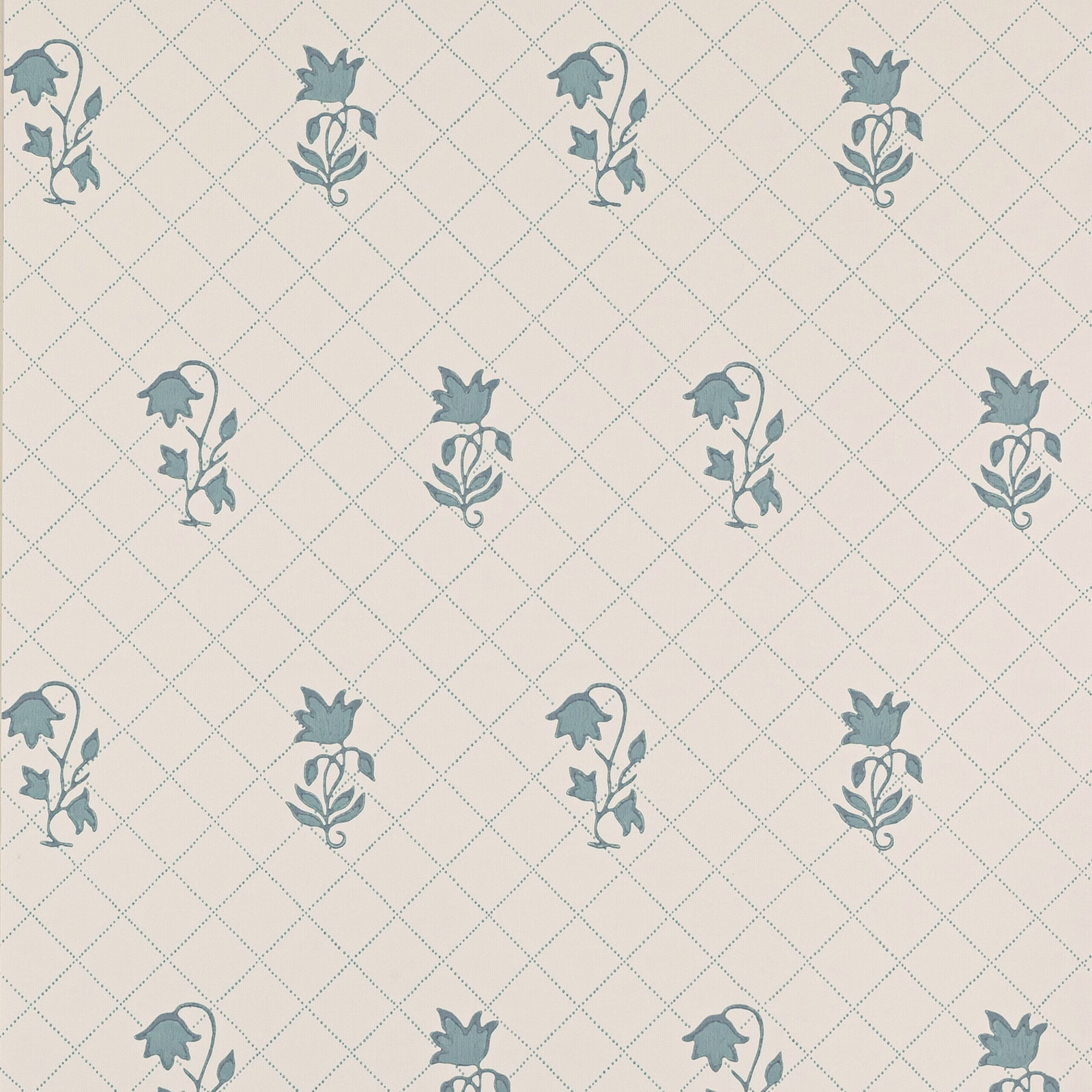 Muted blue-teal floral sprigs on pale cream diamond-trellis wallpaper