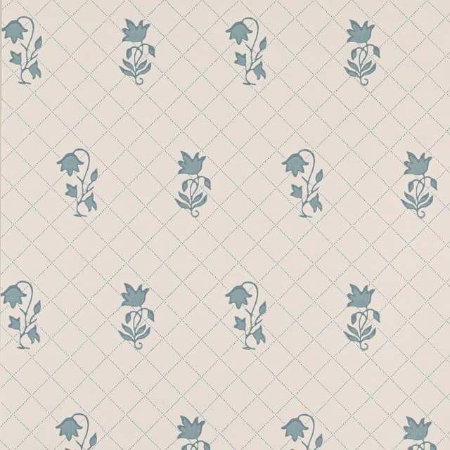 Muted blue-teal floral sprigs on pale cream diamond-trellis wallpaper