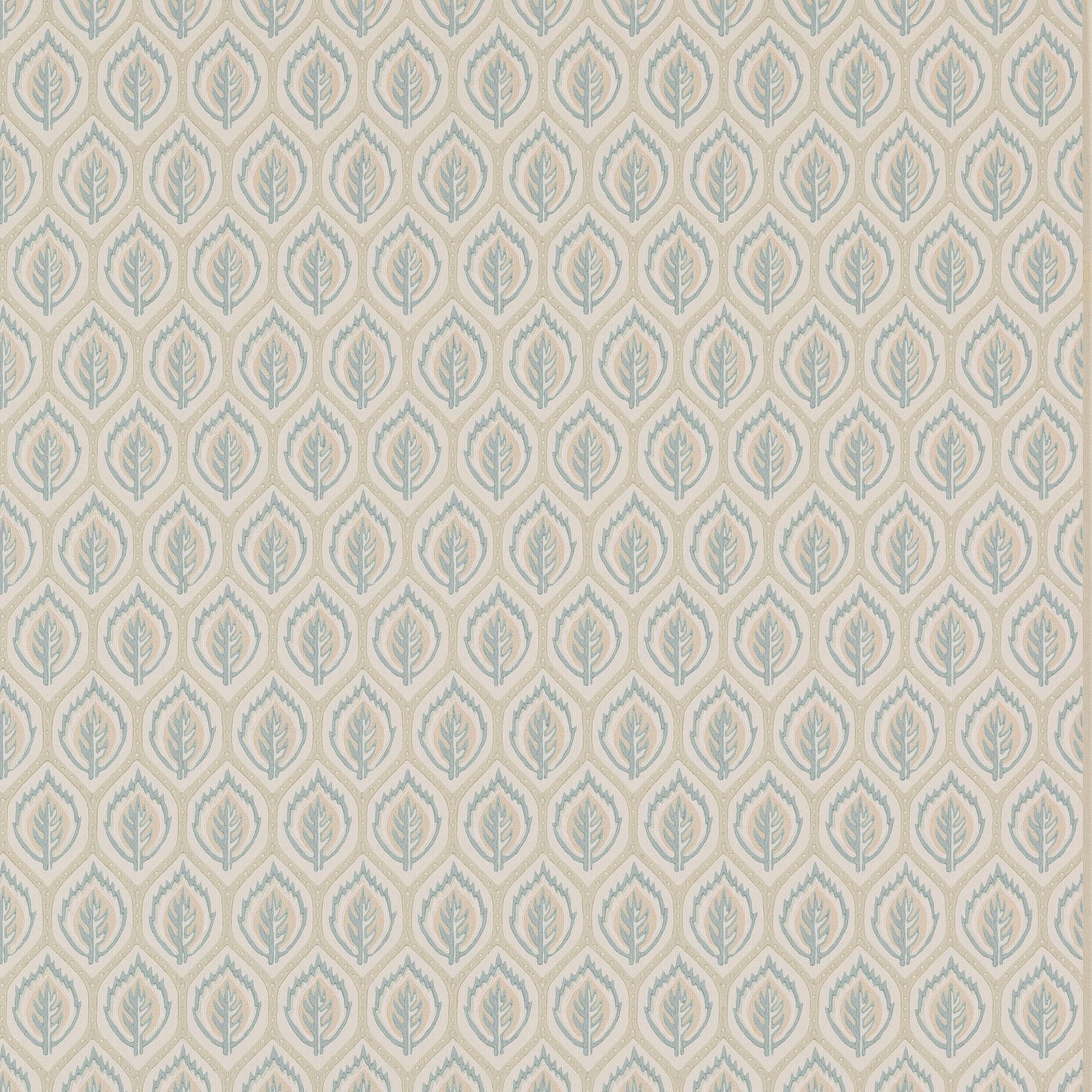 Small aqua leaf motifs in geometric outlines on a pale cream wallpaper ground