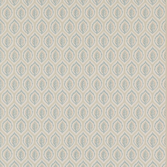 Small aqua leaf motifs in geometric outlines on a pale cream wallpaper ground