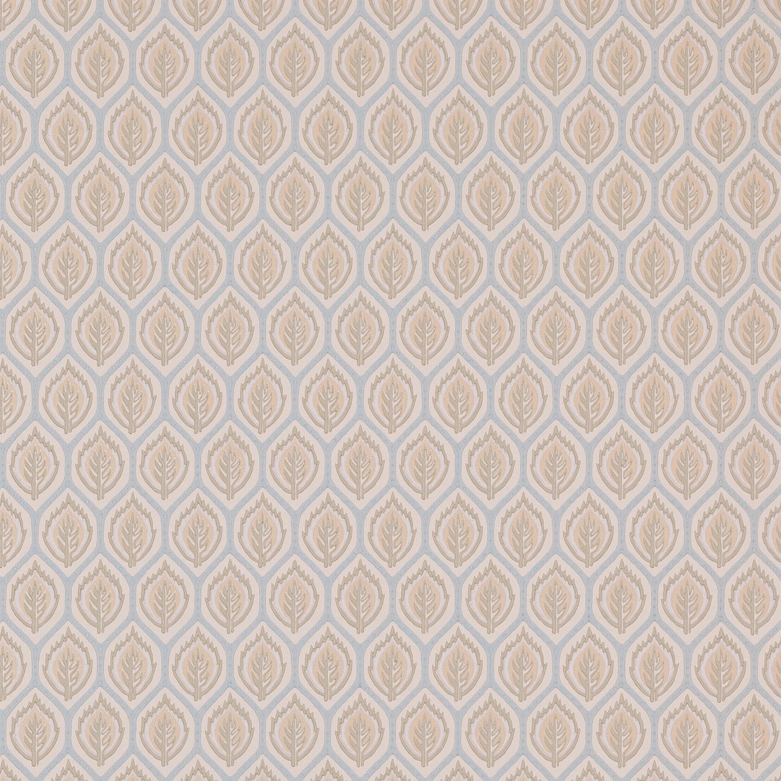 Muted beige leaf medallions on a pale blue-grey diamond trellis wallpaper