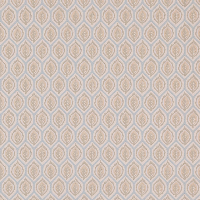 Muted beige leaf medallions on a pale blue-grey diamond trellis wallpaper