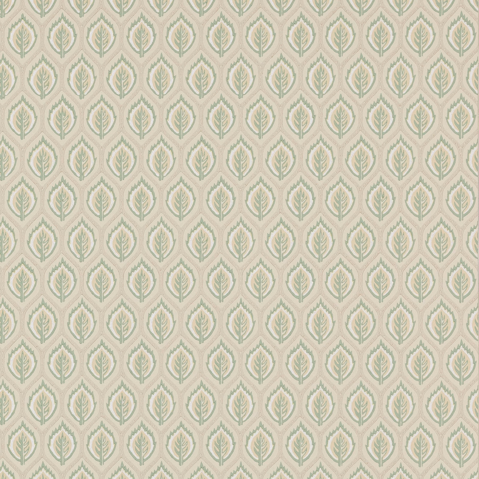 Soft sage leaf motifs repeating across a warm cream paper wallpaper ground