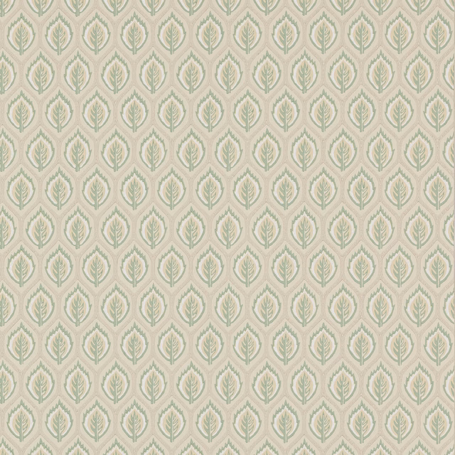 Soft sage leaf motifs repeating across a warm cream paper wallpaper ground