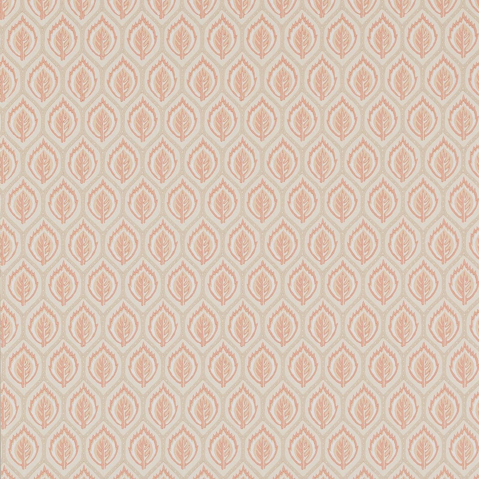 Muted terracotta leaf motifs in small repeating cream wallpaper pattern