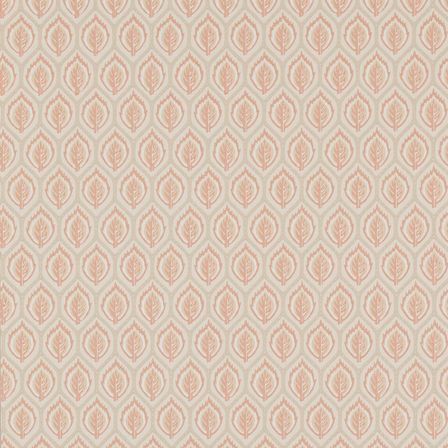 Muted terracotta leaf motifs in small repeating cream wallpaper pattern