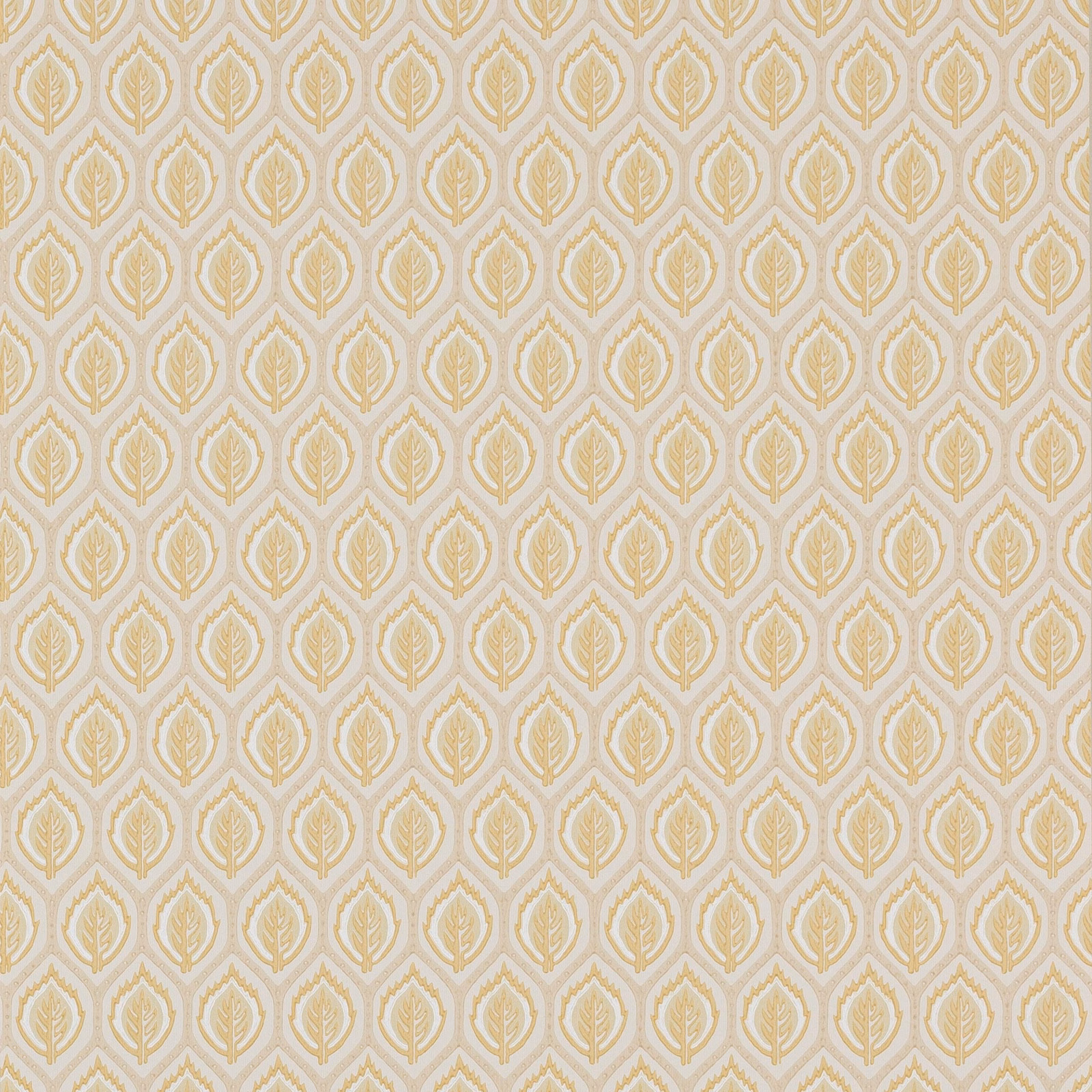 Soft golden-yellow leaf motifs in a small cream lattice on wallpaper