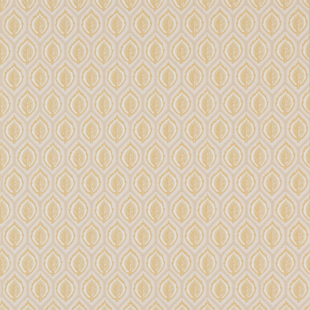 Soft golden-yellow leaf motifs in a small cream lattice on wallpaper