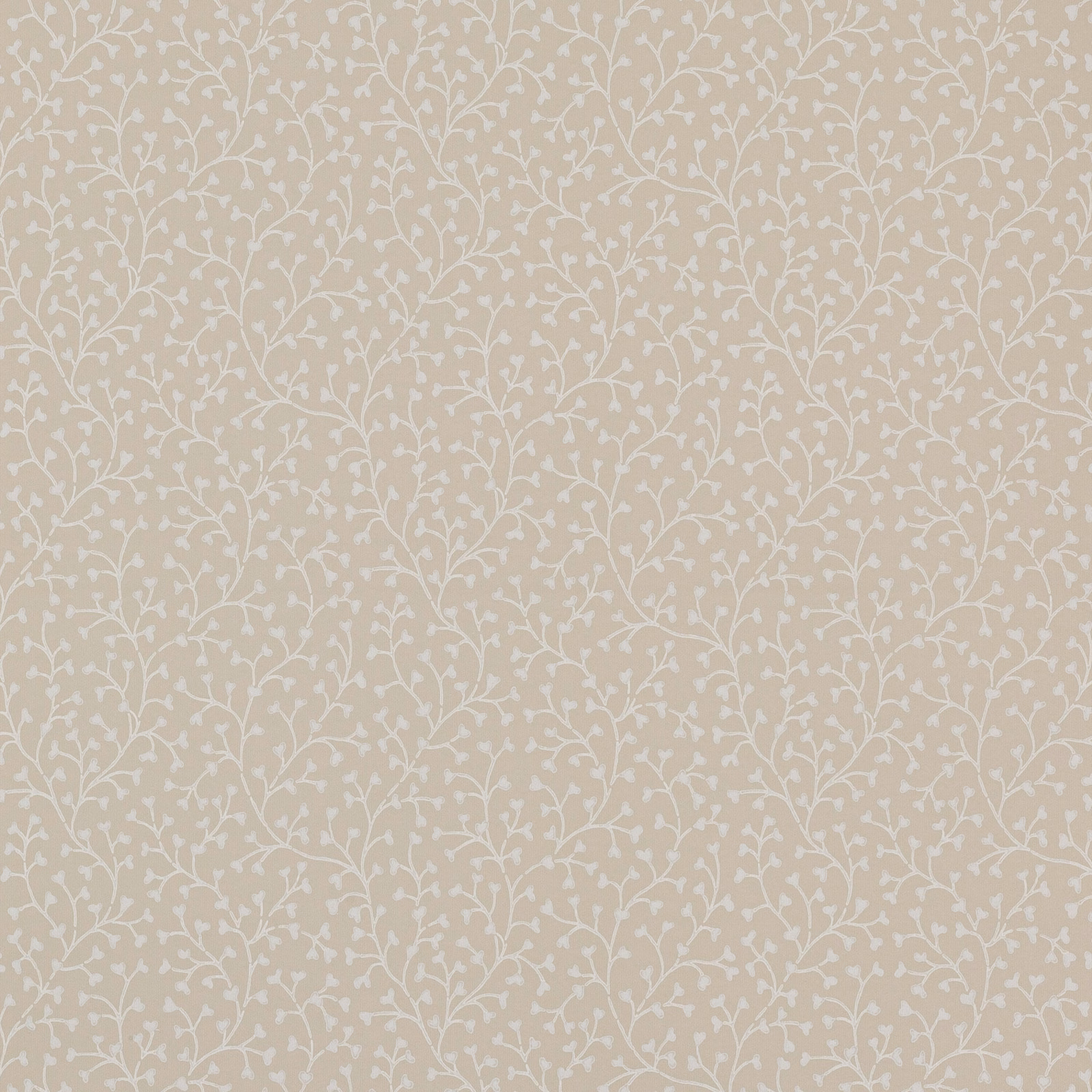 Warm beige wallpaper with fine cream trailing vines and small leaves