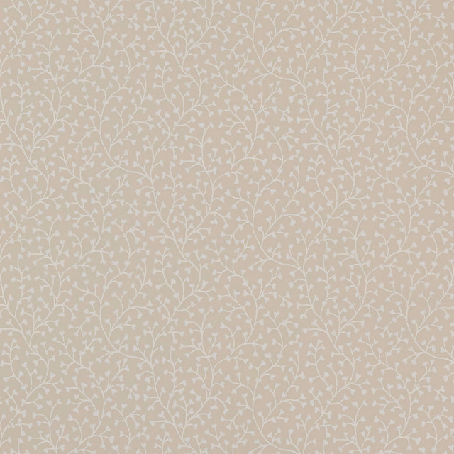 Warm beige wallpaper with fine cream trailing vines and small leaves