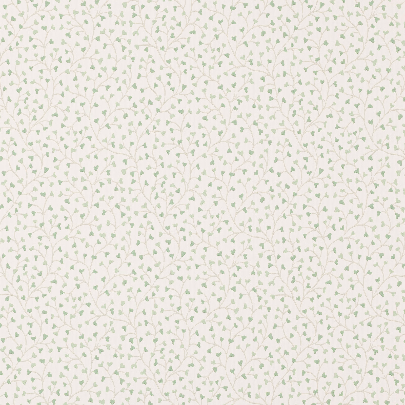 Pale cream wallpaper with small muted sage leaves on winding botanical stems
