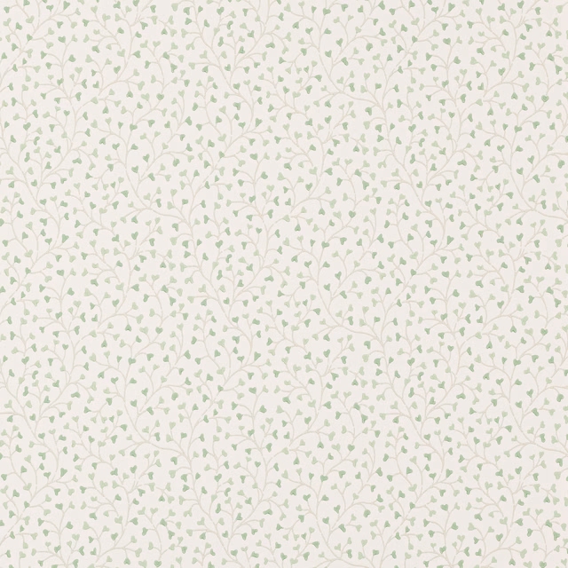 Pale cream wallpaper with small muted sage leaves on winding botanical stems