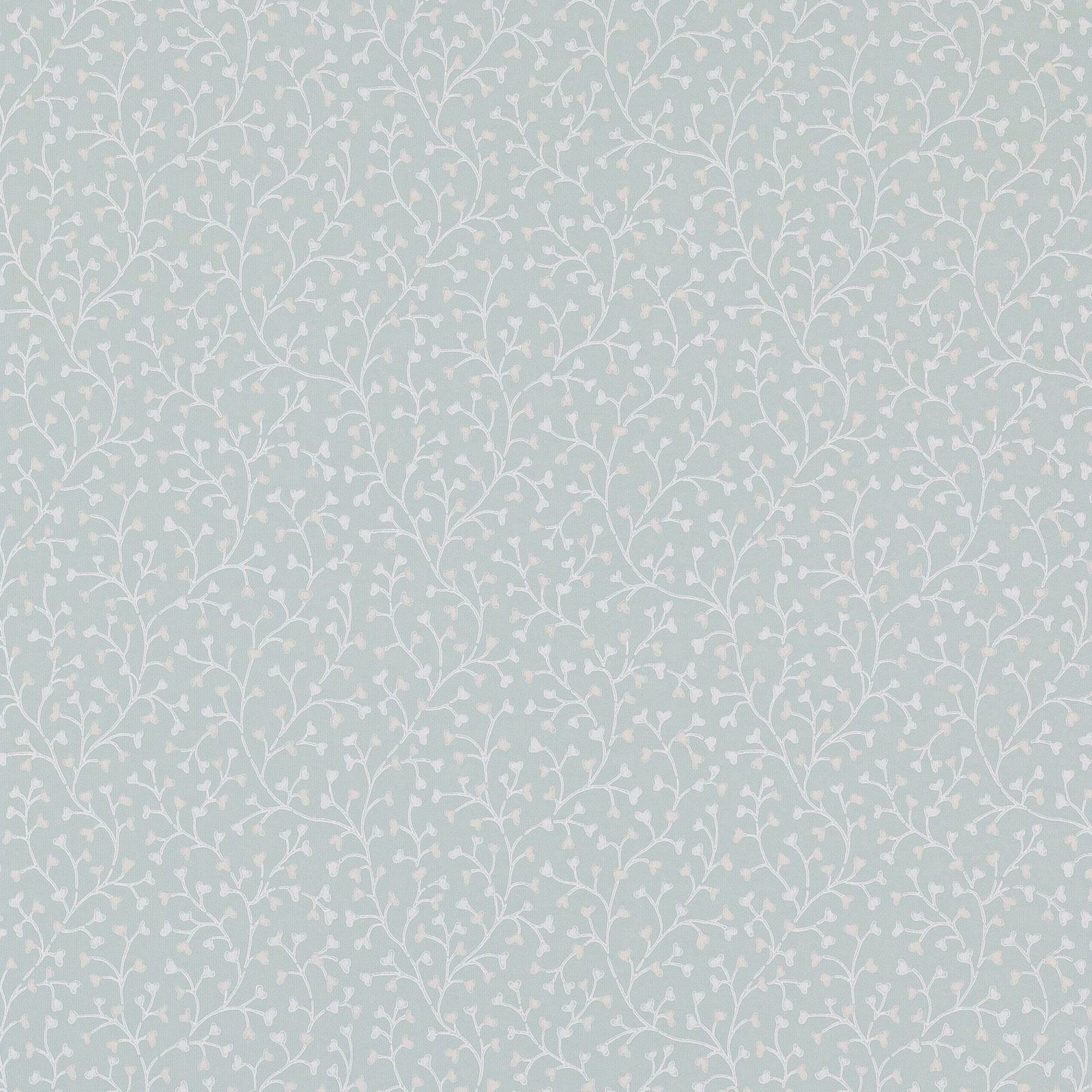 Pale blue wallpaper with a fine white trailing vine and leaf pattern