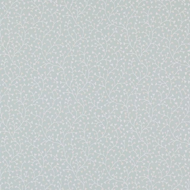 Pale blue wallpaper with a fine white trailing vine and leaf pattern