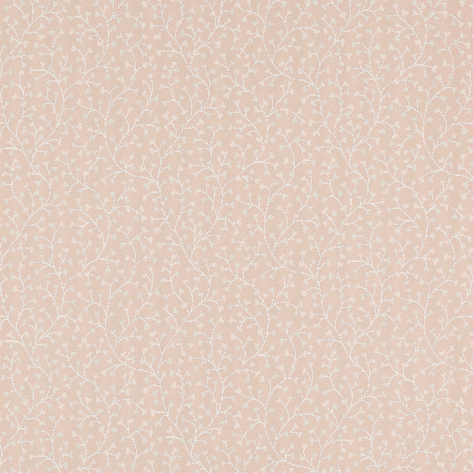 Muted blush pink wallpaper with fine ivory trailing sprigs in a dense small-scale pattern