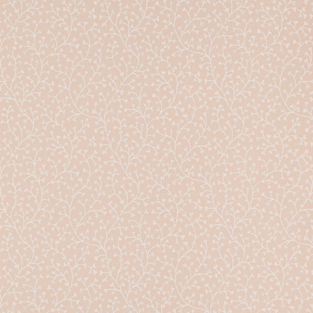 Muted blush pink wallpaper with fine ivory trailing sprigs in a dense small-scale pattern