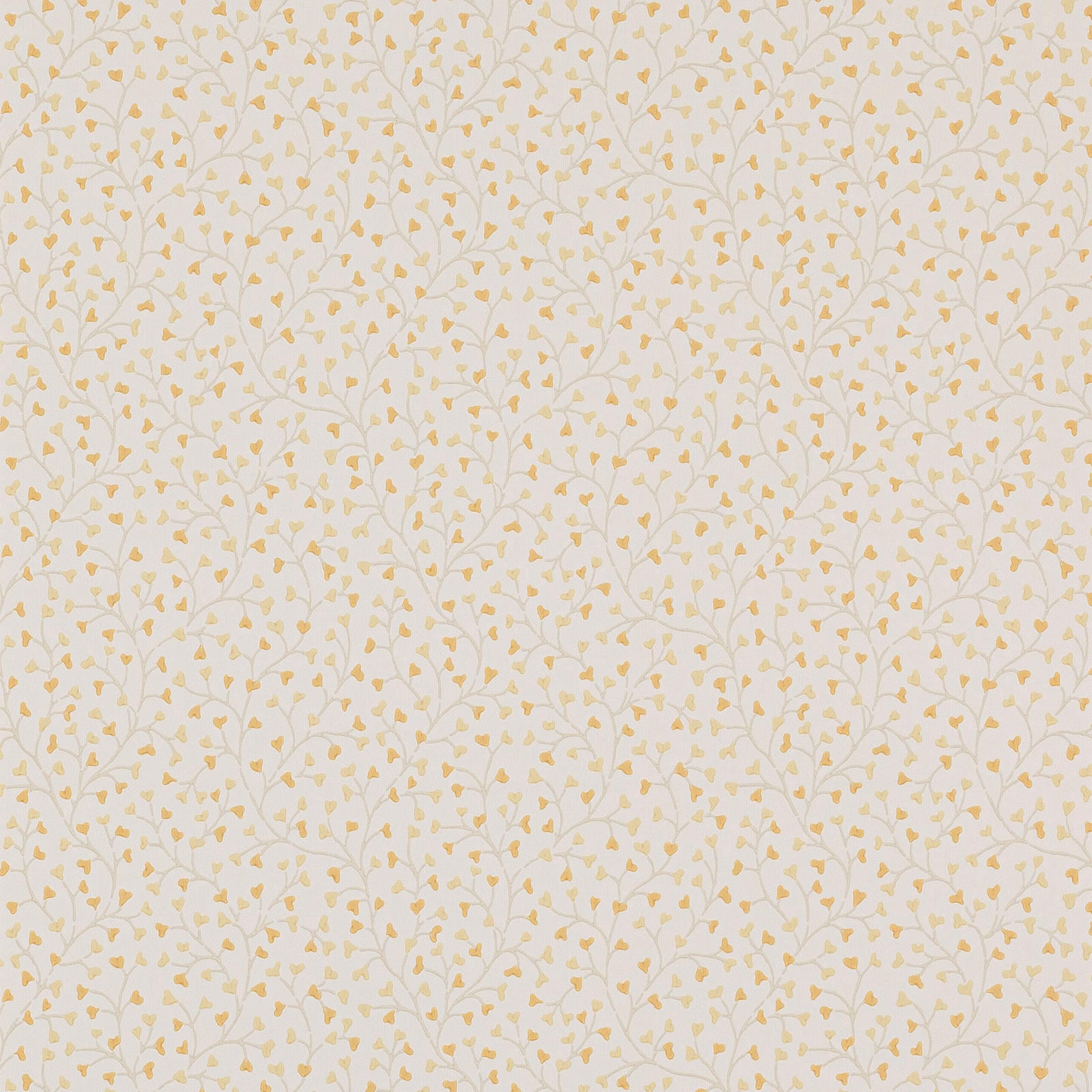 Ivory wallpaper with delicate muted yellow leafy vines in a small repeat