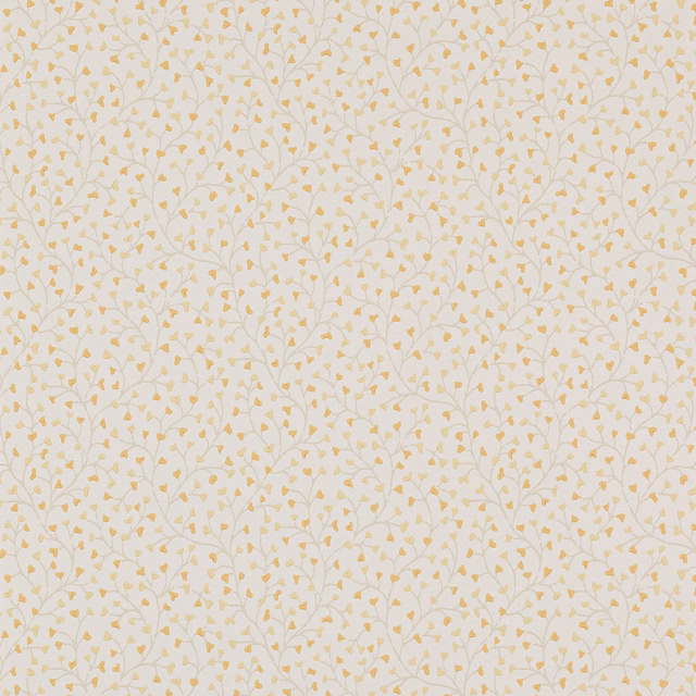 Ivory wallpaper with delicate muted yellow leafy vines in a small repeat