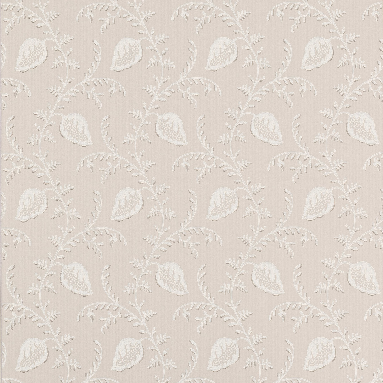 Pale beige wallpaper with repeating ivory paisley flowers, curling stems and delicate leaves
