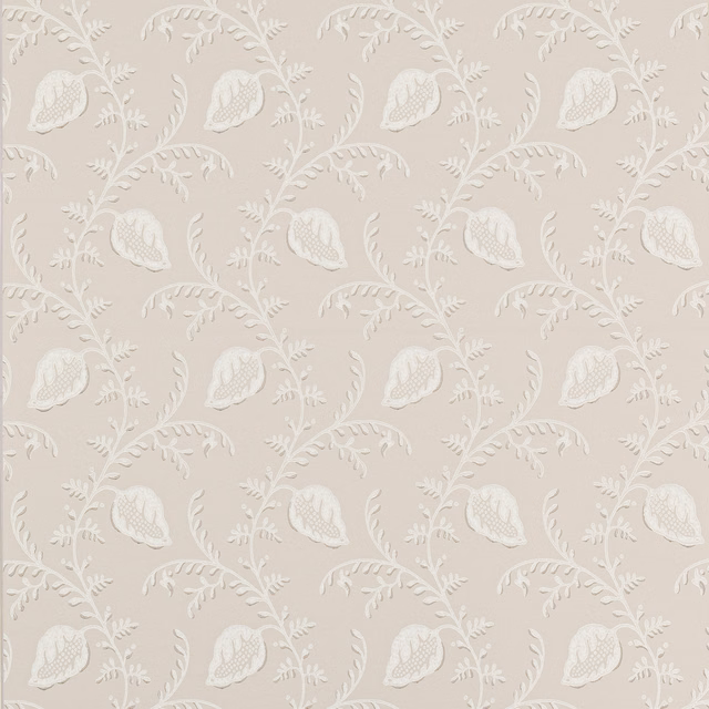 Pale beige wallpaper with repeating ivory paisley flowers, curling stems and delicate leaves