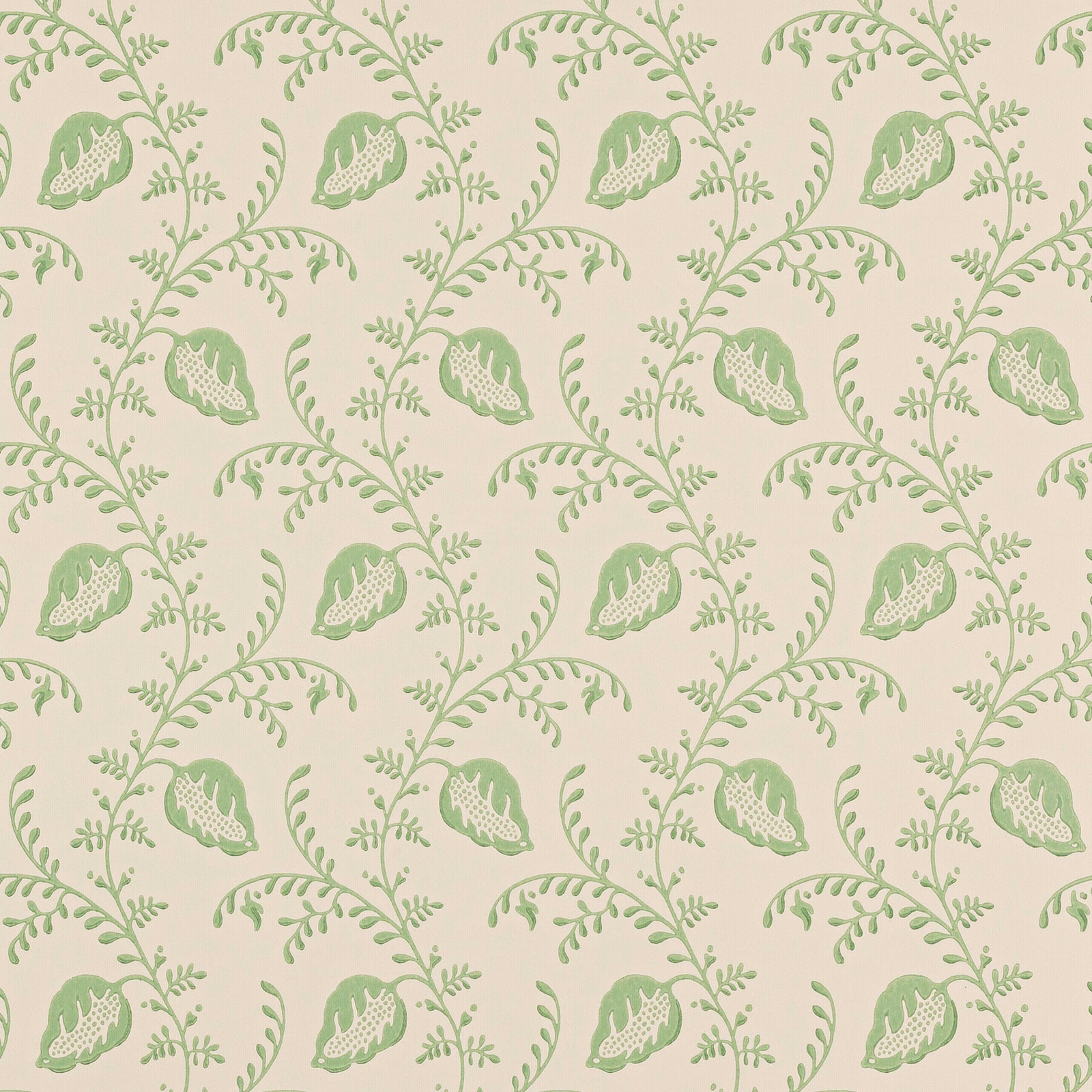 Soft sage-green leafy and paisley motifs on a warm cream wallpaper ground