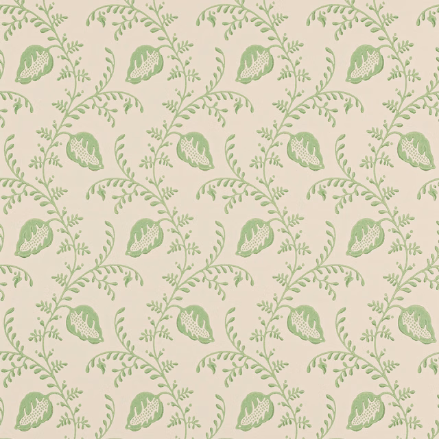 Soft sage-green leafy and paisley motifs on a warm cream wallpaper ground