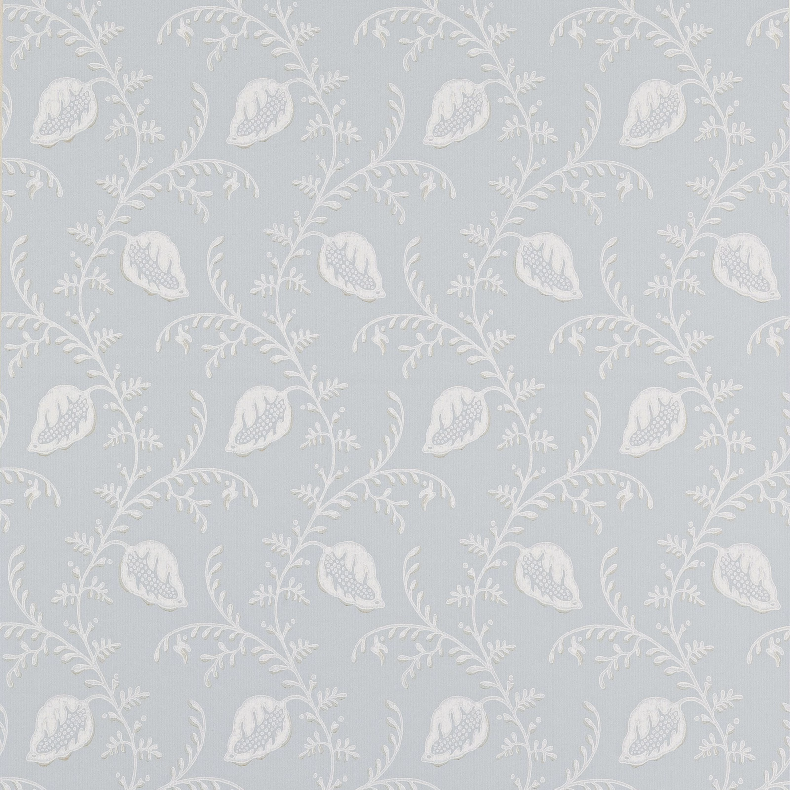 Pale old blue-grey wallpaper with repeating ivory paisley flowers and curling botanical stems