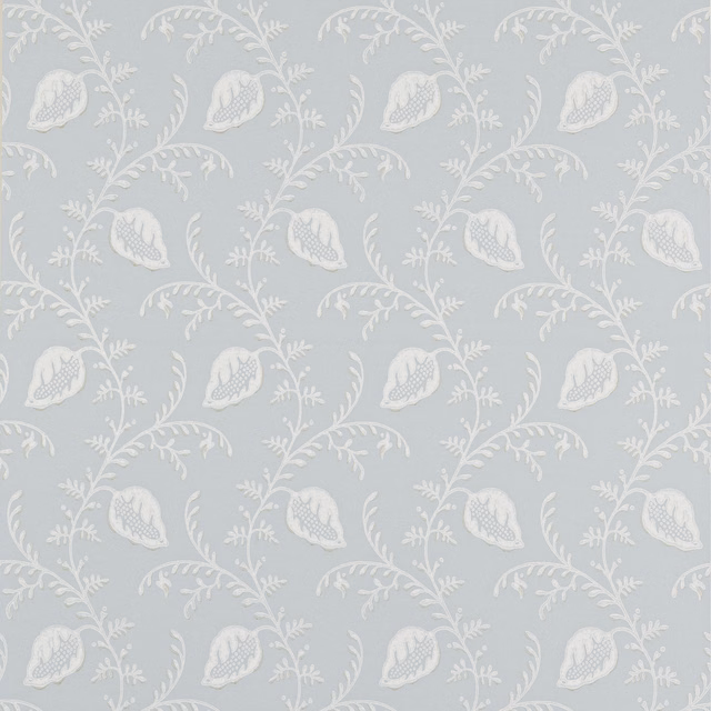 Pale old blue-grey wallpaper with repeating ivory paisley flowers and curling botanical stems