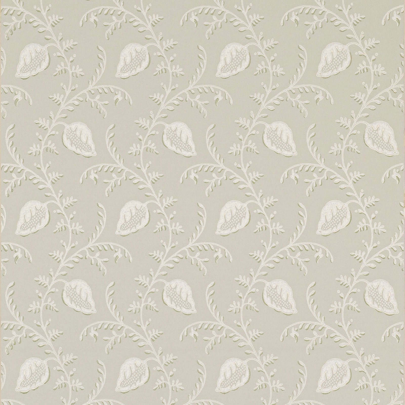 Pale willow-green wallpaper with ivory scrolling branches and teardrop seed-head motifs
