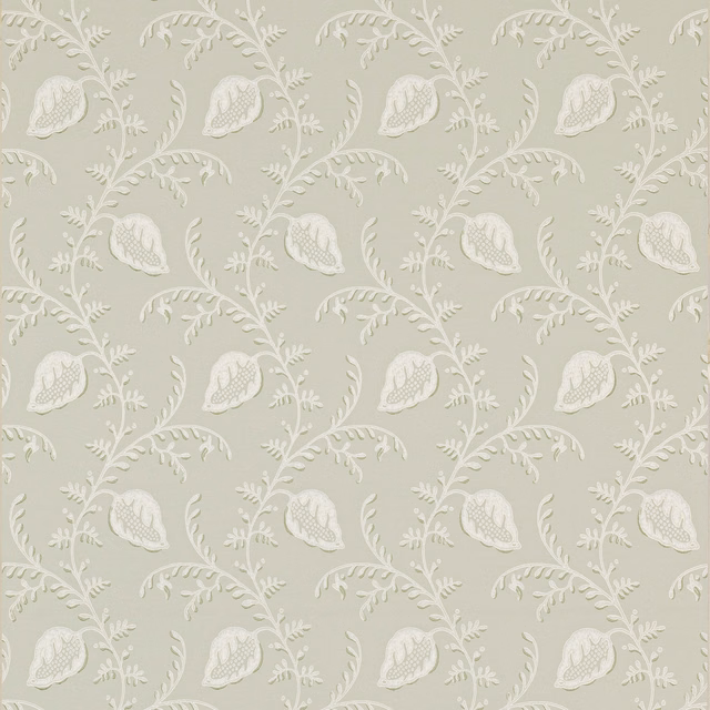 Pale willow-green wallpaper with ivory scrolling branches and teardrop seed-head motifs