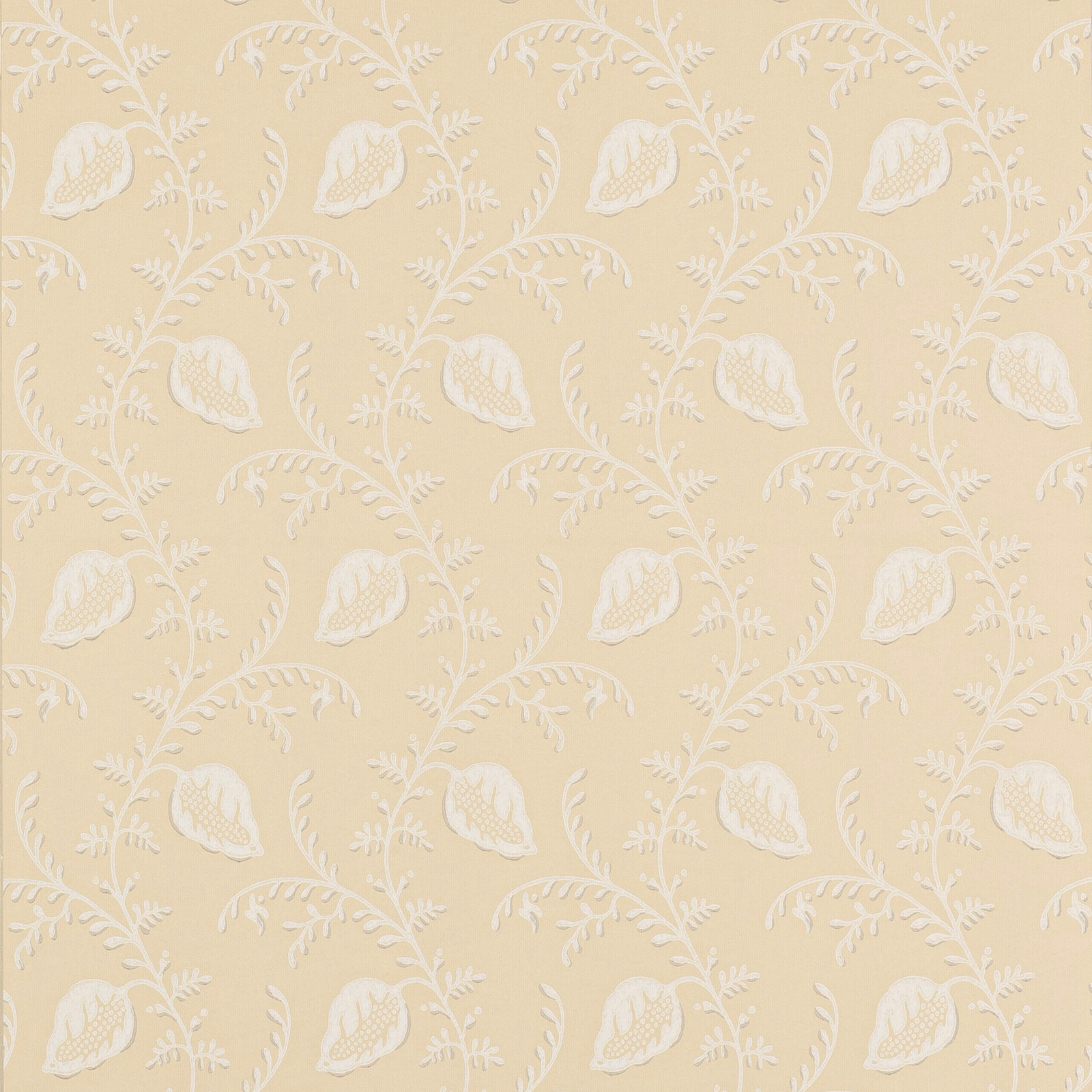 Soft yellow wallpaper with repeating white botanical sprigs and paisley motifs