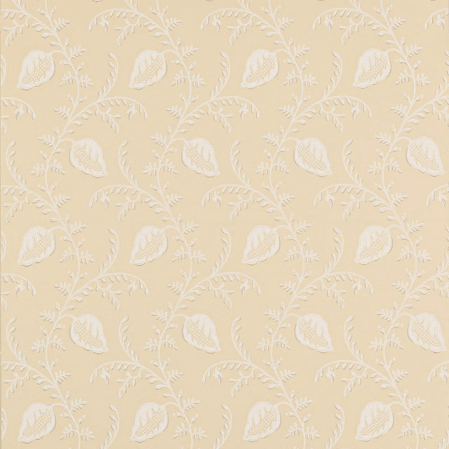 Soft yellow wallpaper with repeating white botanical sprigs and paisley motifs
