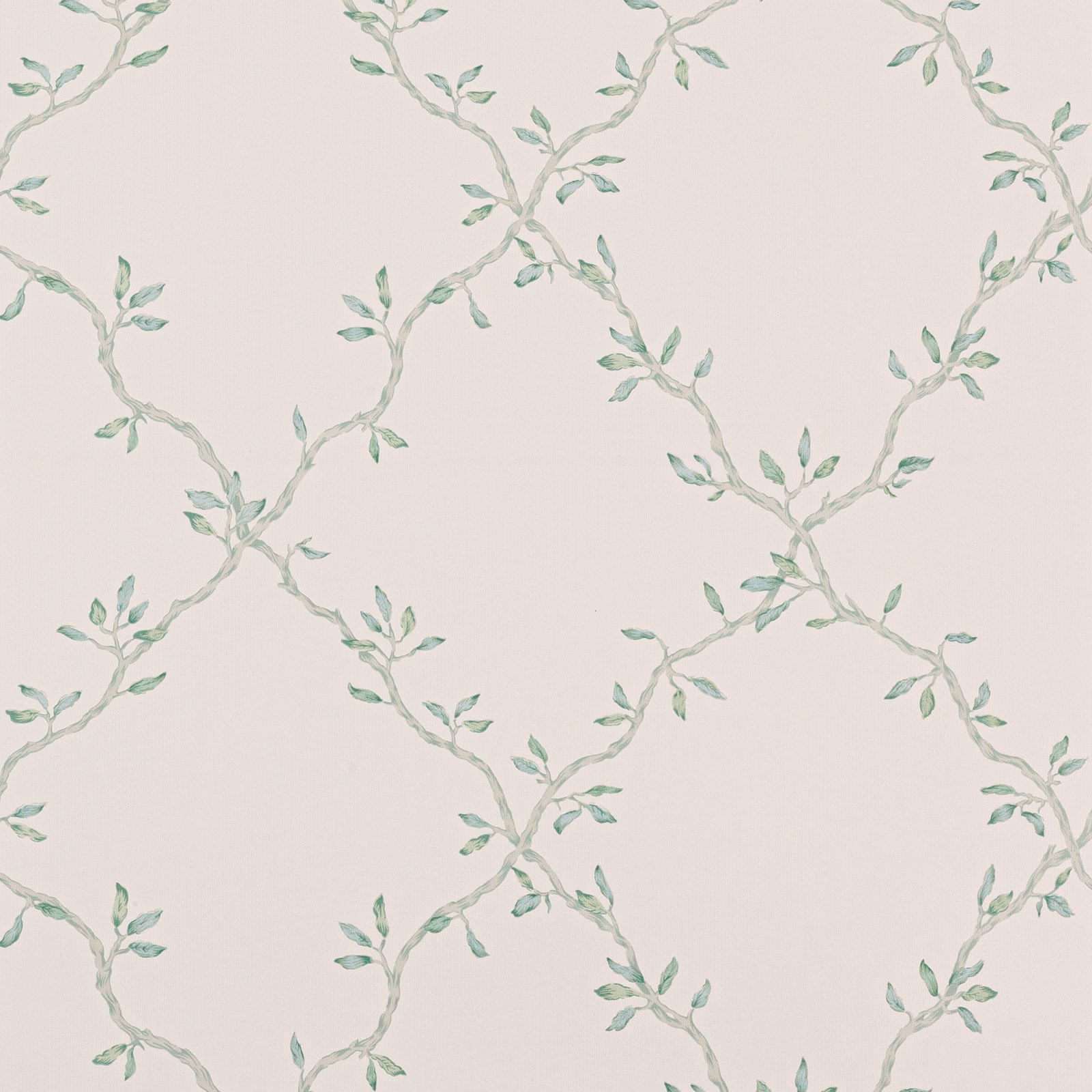 Muted sage leafy trellis on a warm ivory wallpaper ground