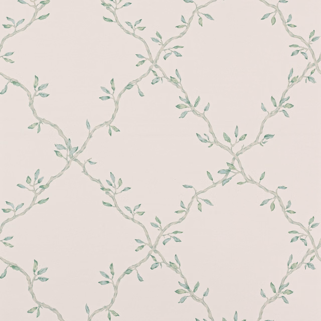 Muted sage leafy trellis on a warm ivory wallpaper ground