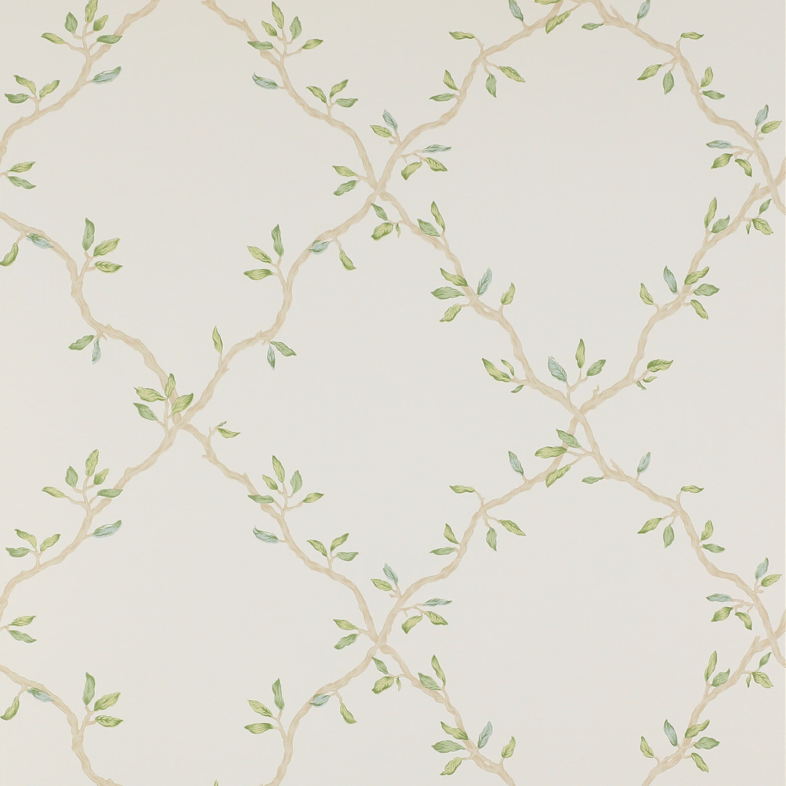 Ivory wallpaper with winding beige branches and muted green leaves in trellis pattern