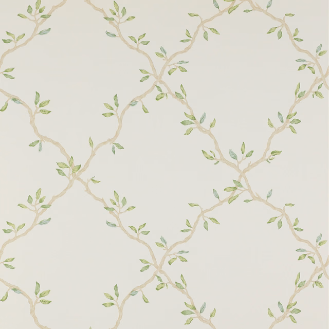 Ivory wallpaper with winding beige branches and muted green leaves in trellis pattern