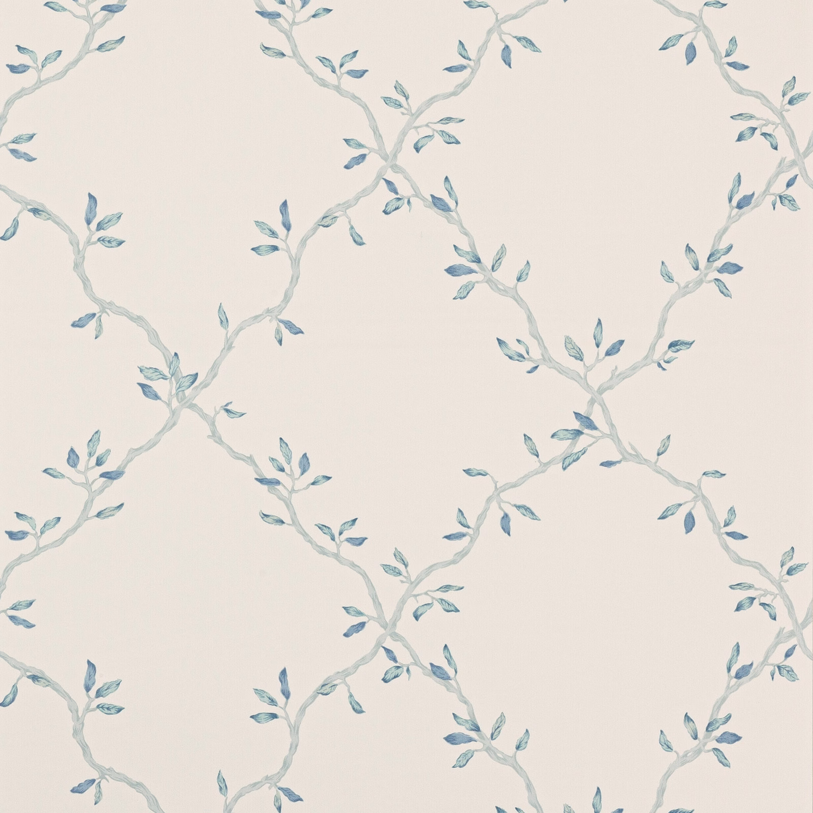 Cream wallpaper with looping pale blue branches and small blue-grey leaves