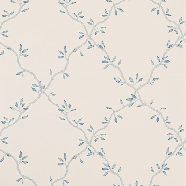 Cream wallpaper with looping pale blue branches and small blue-grey leaves
