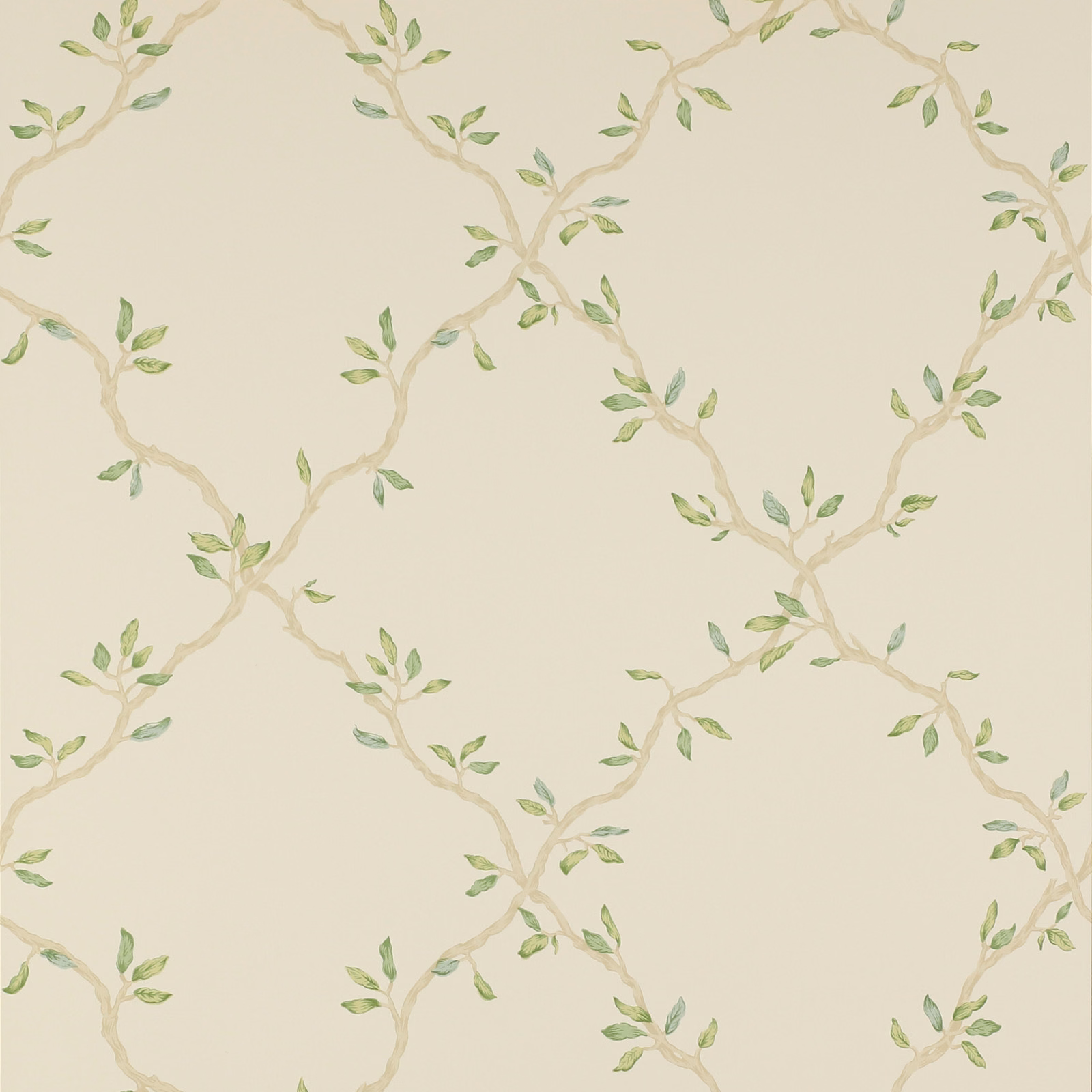 Pale sage leafy vines on a warm ivory ground in a delicate trellis pattern