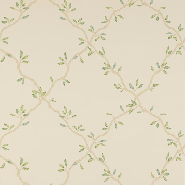 Pale sage leafy vines on a warm ivory ground in a delicate trellis pattern