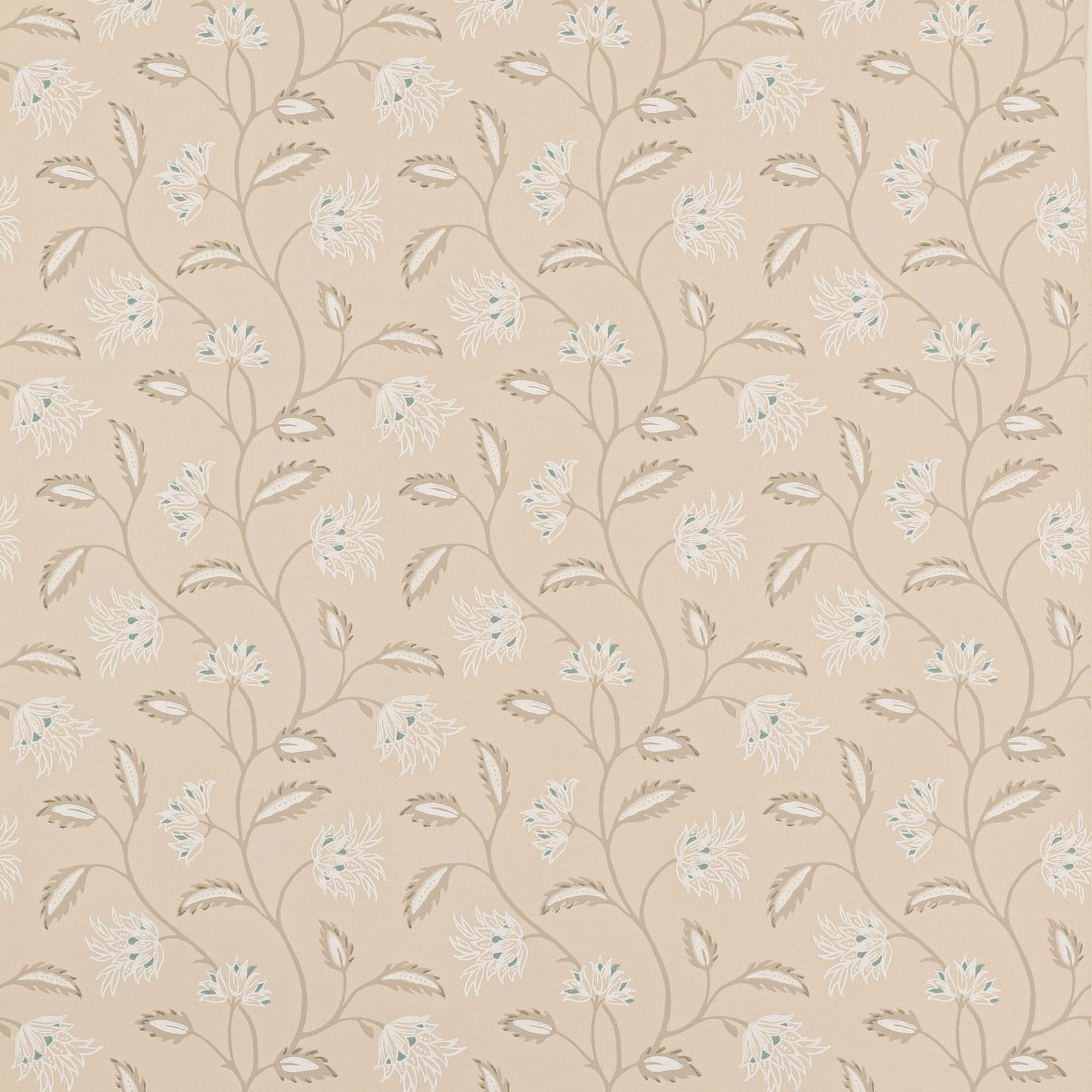 Warm beige wallpaper with pale blue flowers and taupe winding botanical stems