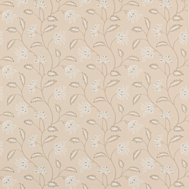 Warm beige wallpaper with pale blue flowers and taupe winding botanical stems
